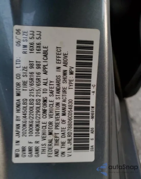 2006 Honda Cr-V Ex z USA, uszkodzony, nr VIN JHLRD78806C054830